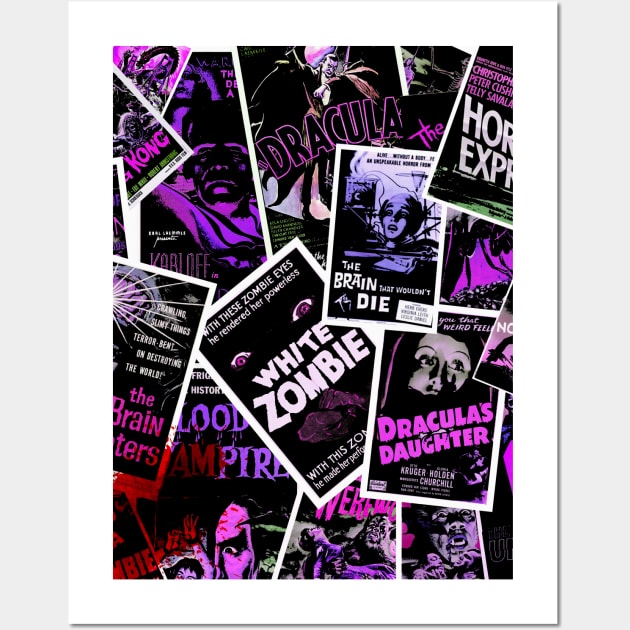 Classic and Vintage Horror Movies Collage Aesthetic Fuchsia Wall Art by EddieBalevo